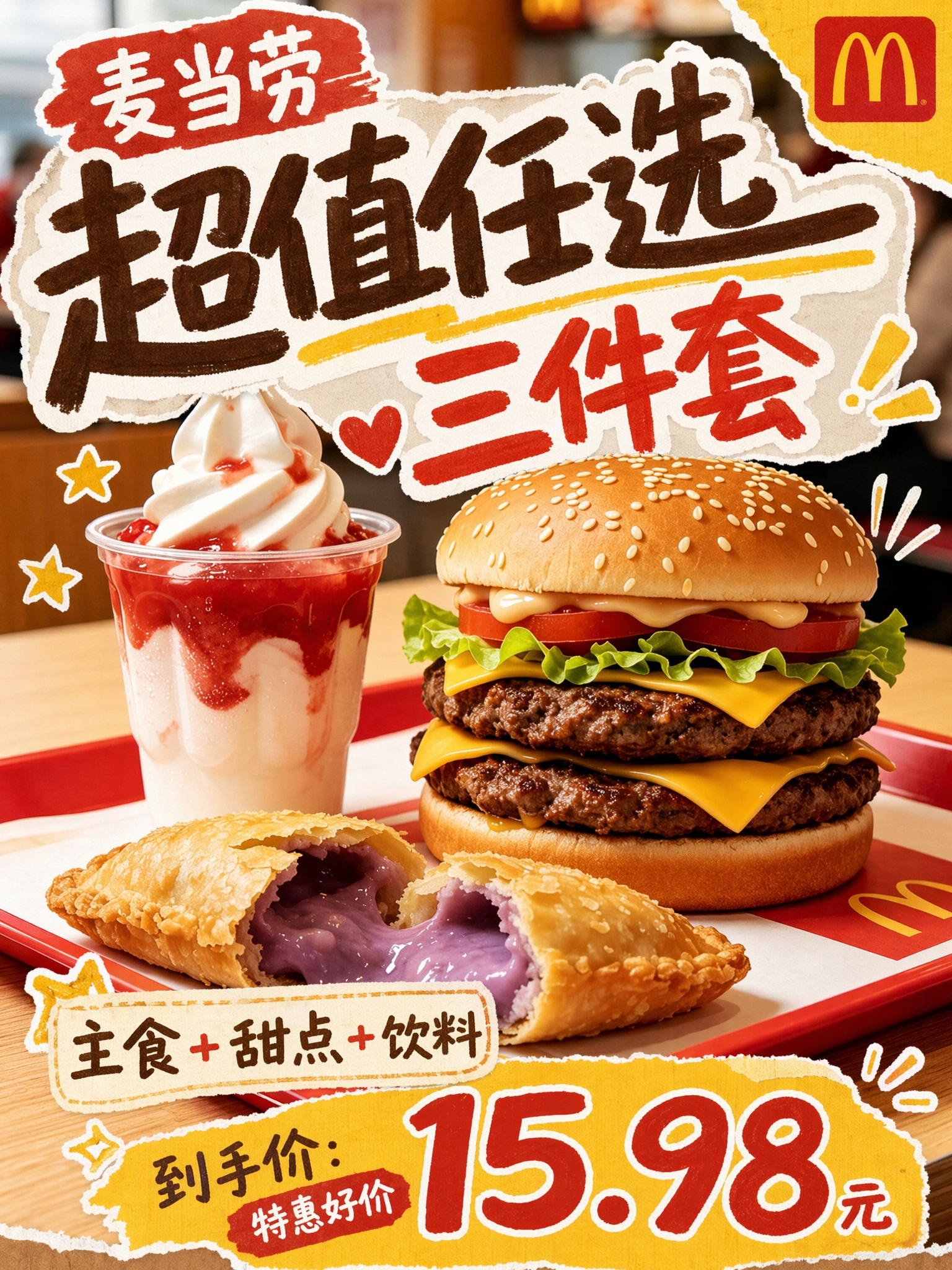麦当劳任选三件套15.98元,主食甜点饮料随意搭